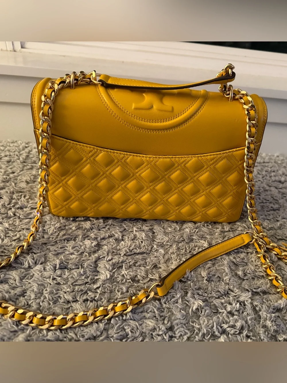 Tory Burch Bright Yellow Quilted Logo Shoulder Bag with Gold Chain